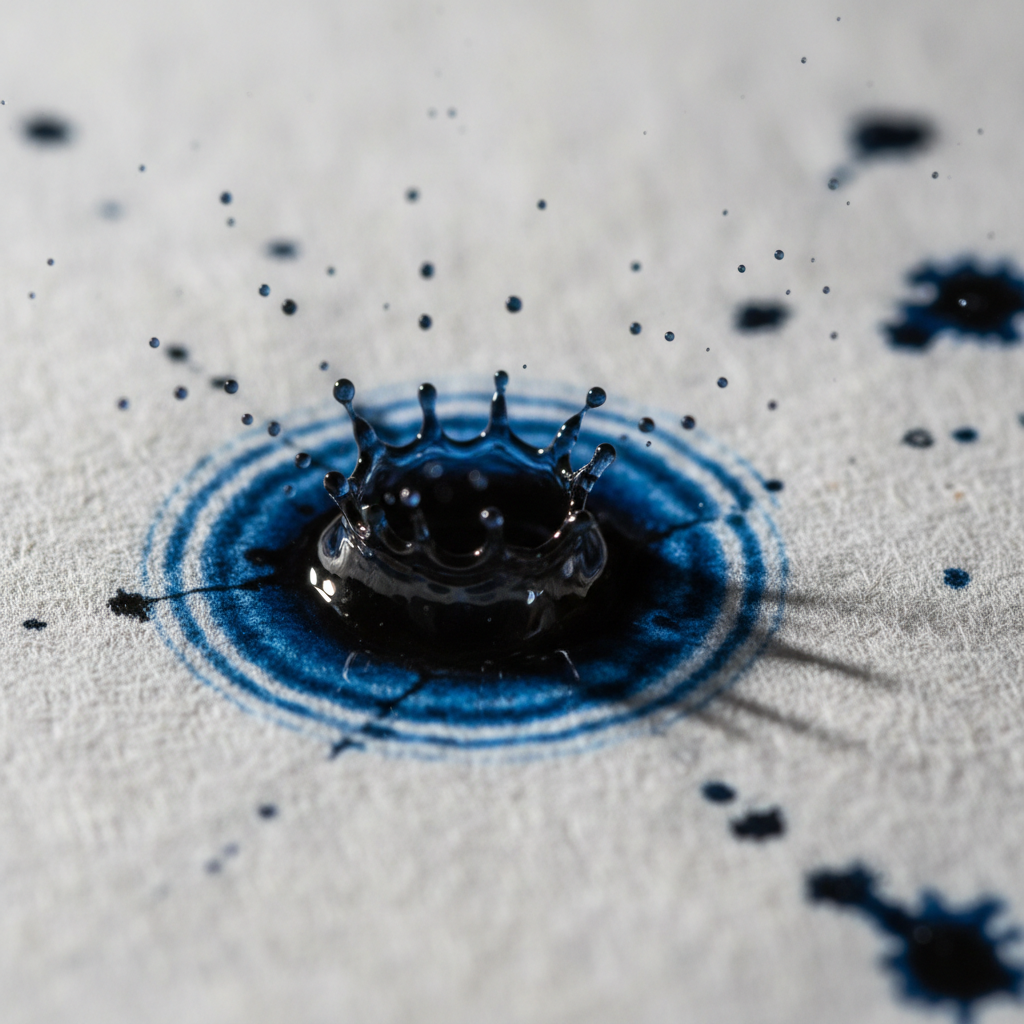 Macro photograph of ink droplets hitting cotton paper, shot at 4000fps, slightly out of focus