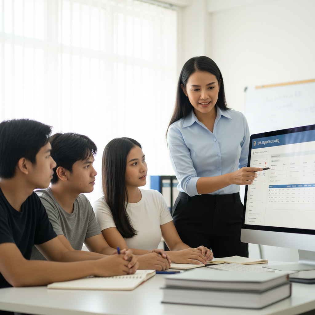 EduCASyon instructor explaining BIR-Aligned Accounting interface to students gathered around a computer screen