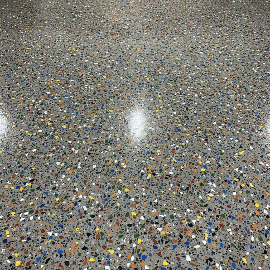 Close-up of colourful vinyl flake epoxy floor system with multi-tone chips embedded in clear coat, textured surface