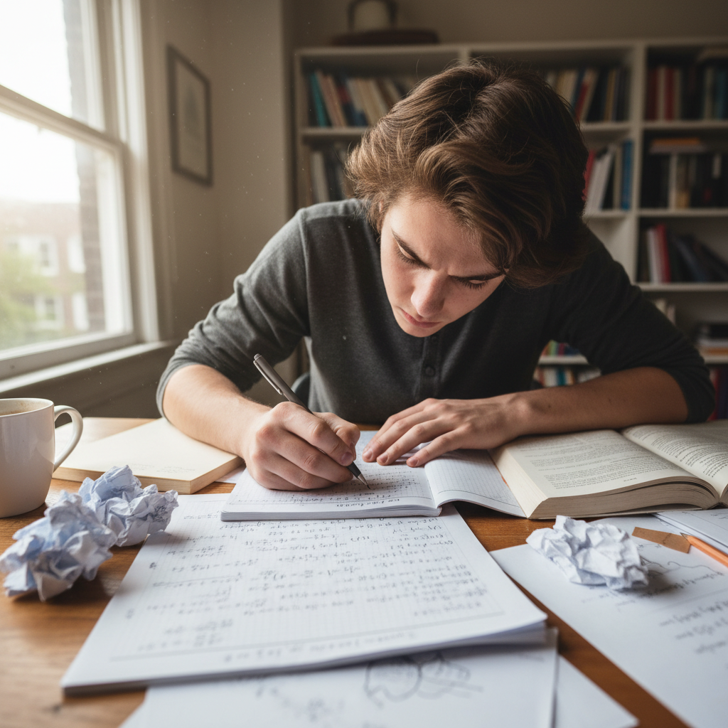 Student writing on paper at a library table surrounded by books