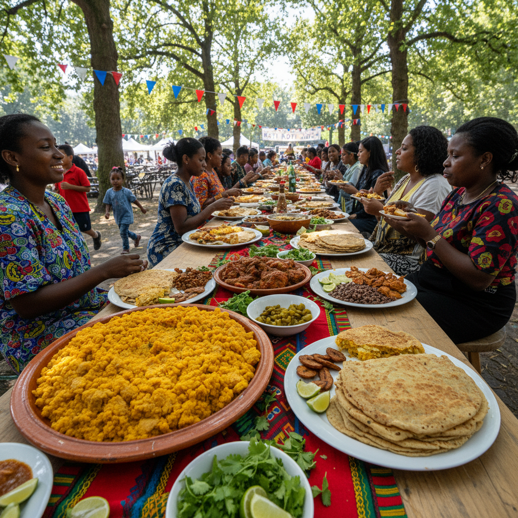 Volle borden met pom en roti op een keti koti feest in Bijlmer