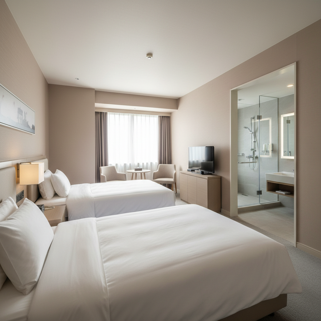 Clean standard twin room with two beds, white linens, bright overhead lighting, simple modern decor
