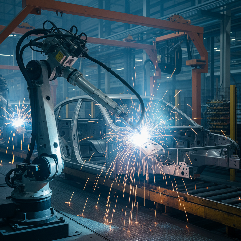 Large industrial robotic arm performing heavy welding on an automotive chassis