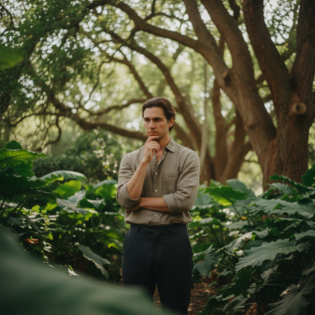 Person in a reflective mindset surrounded by nature representing the mindsets needed for sustainable thinking and action