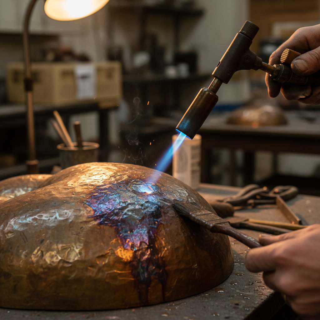 Artist applying heat patina to bronze sculpture surface with torch in studio