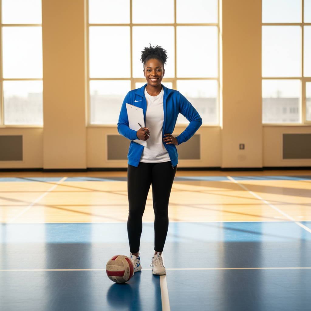 Coach Daria Okonkwo standing on a volleyball court with a clipboard, smiling confidently