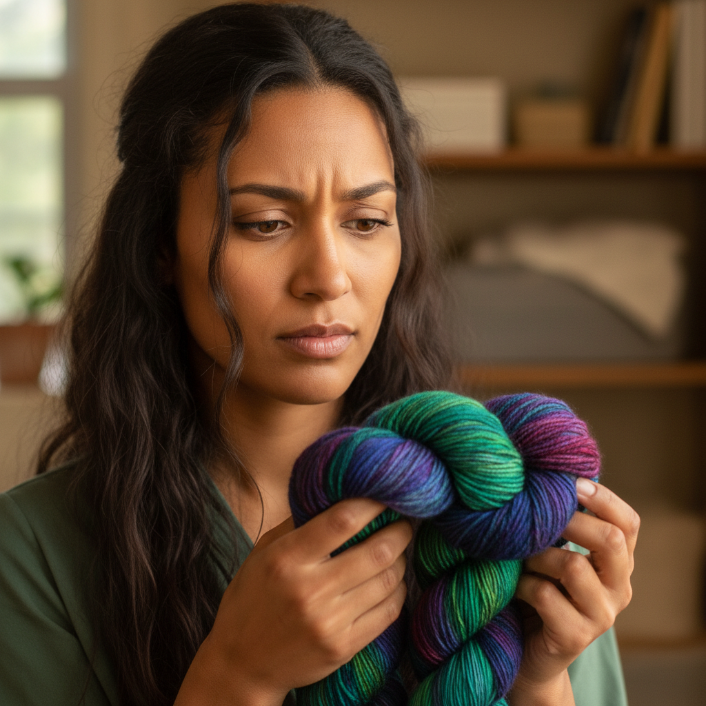 Portrait of Priya, a focused woman with dark hair and warm brown skin holding a skein of hand-dyed yarn