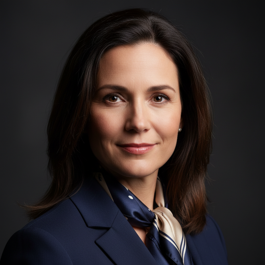 Professional executive portrait, dark background, confident expression, dramatic corporate lighting