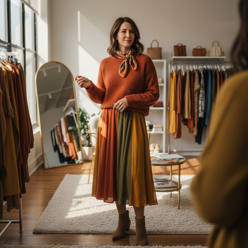 Woman in elegant wrap coat, sophisticated styling, luxury boutique aesthetic, warm light