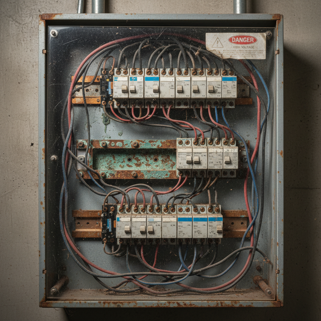 Commercial electrical panel with aging wiring, double-tapped breakers, and corrosion visible on bus bars