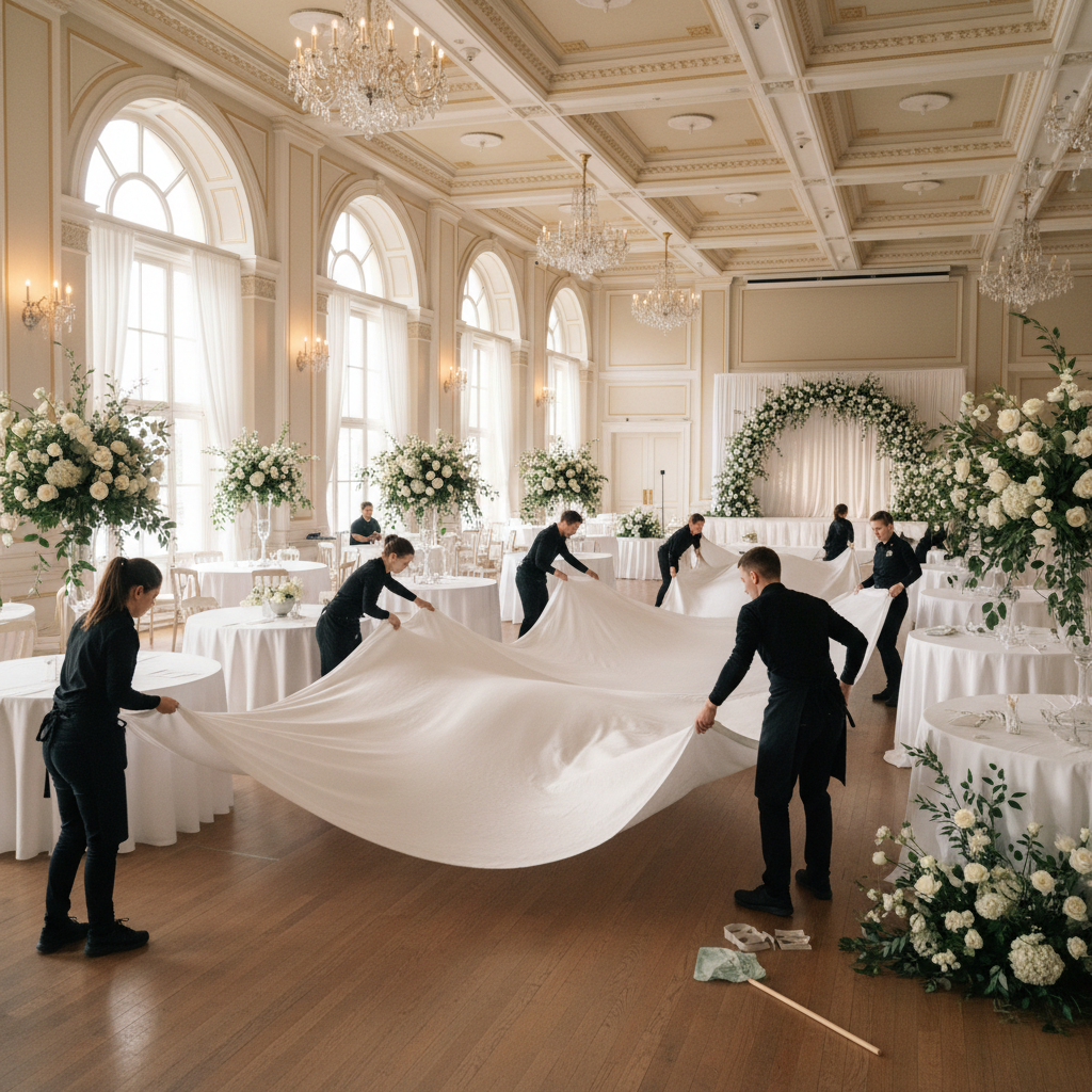 Professional event setup with tables and chairs carefully arranged in a clean celebration space