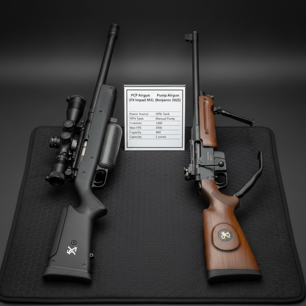 Side-by-side comparison of PCP and pump airguns displayed on tactical mat with specifications chart