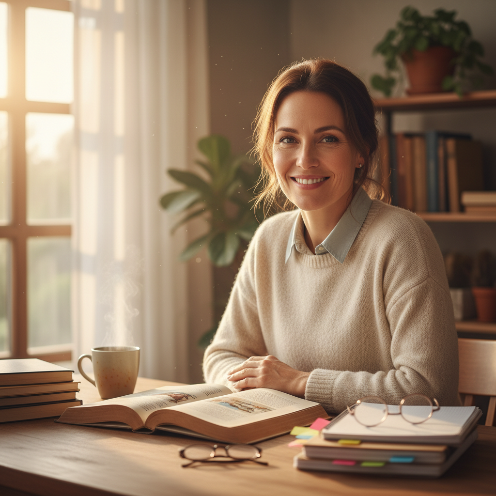 Tutor working at a desk with a warm, professional atmosphere
