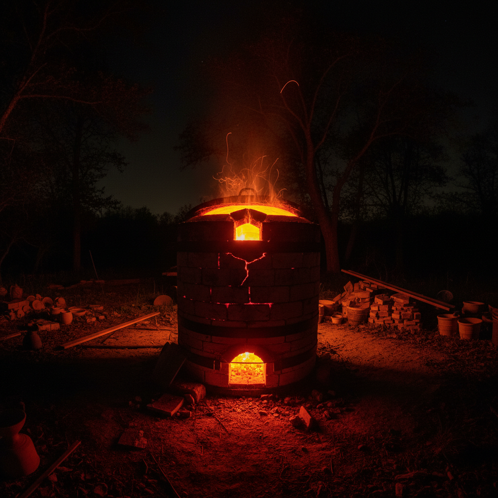 A raku kiln glowing orange at night