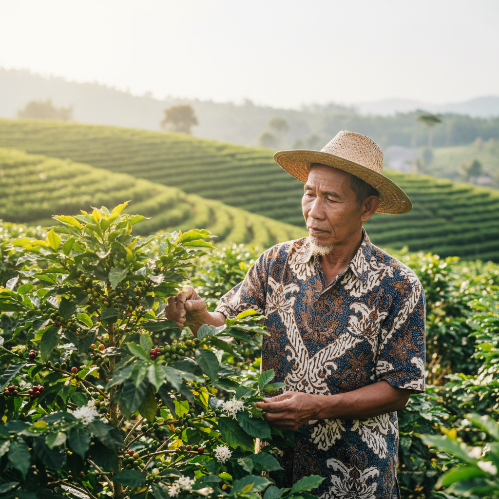 Don Rodrigo Vargas, Costa Rican coffee farmer in his 60s with weathered hands and kind eyes standing in coffee plantation
