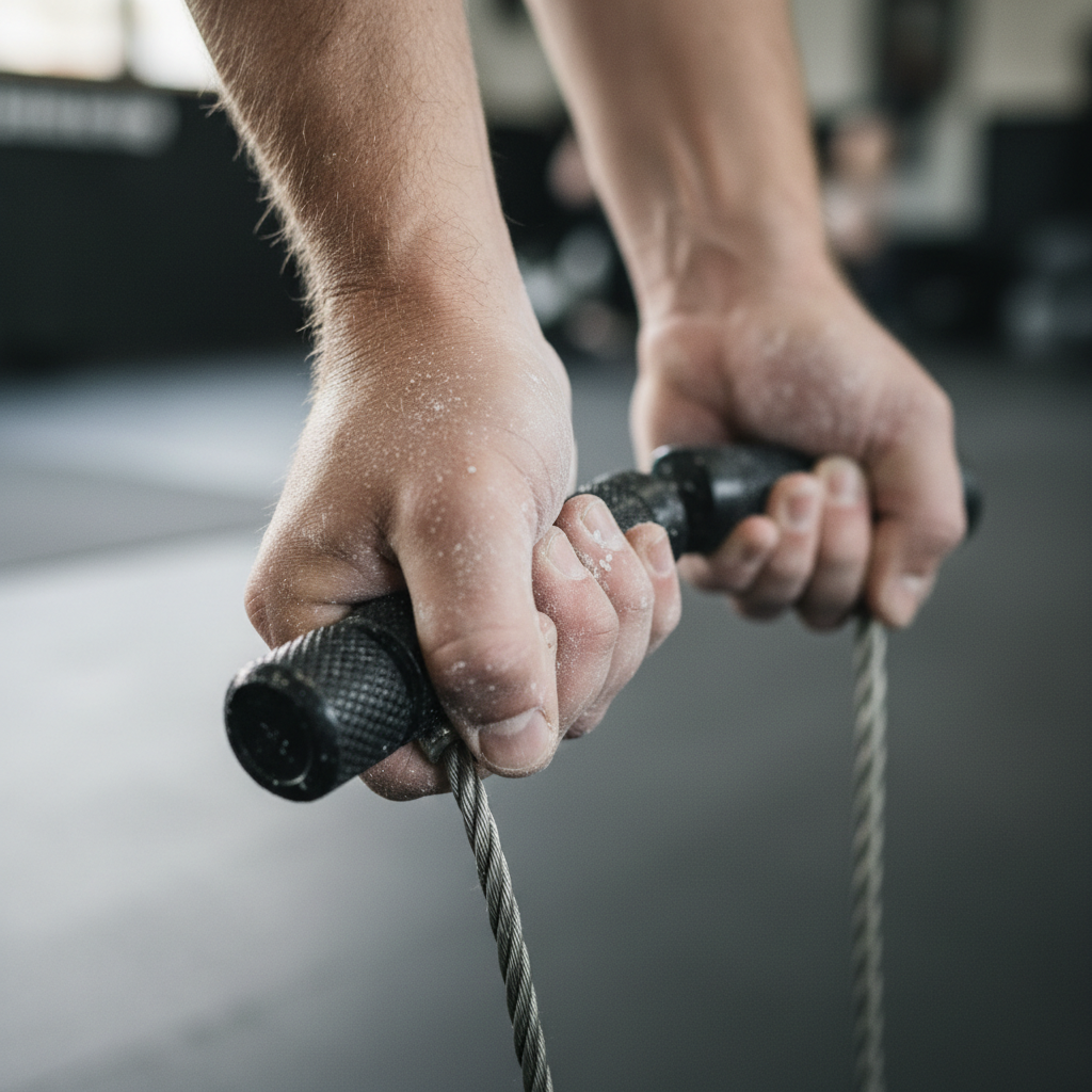 Chalk-dusted hands gripping weighted jump rope handle, close-up shot