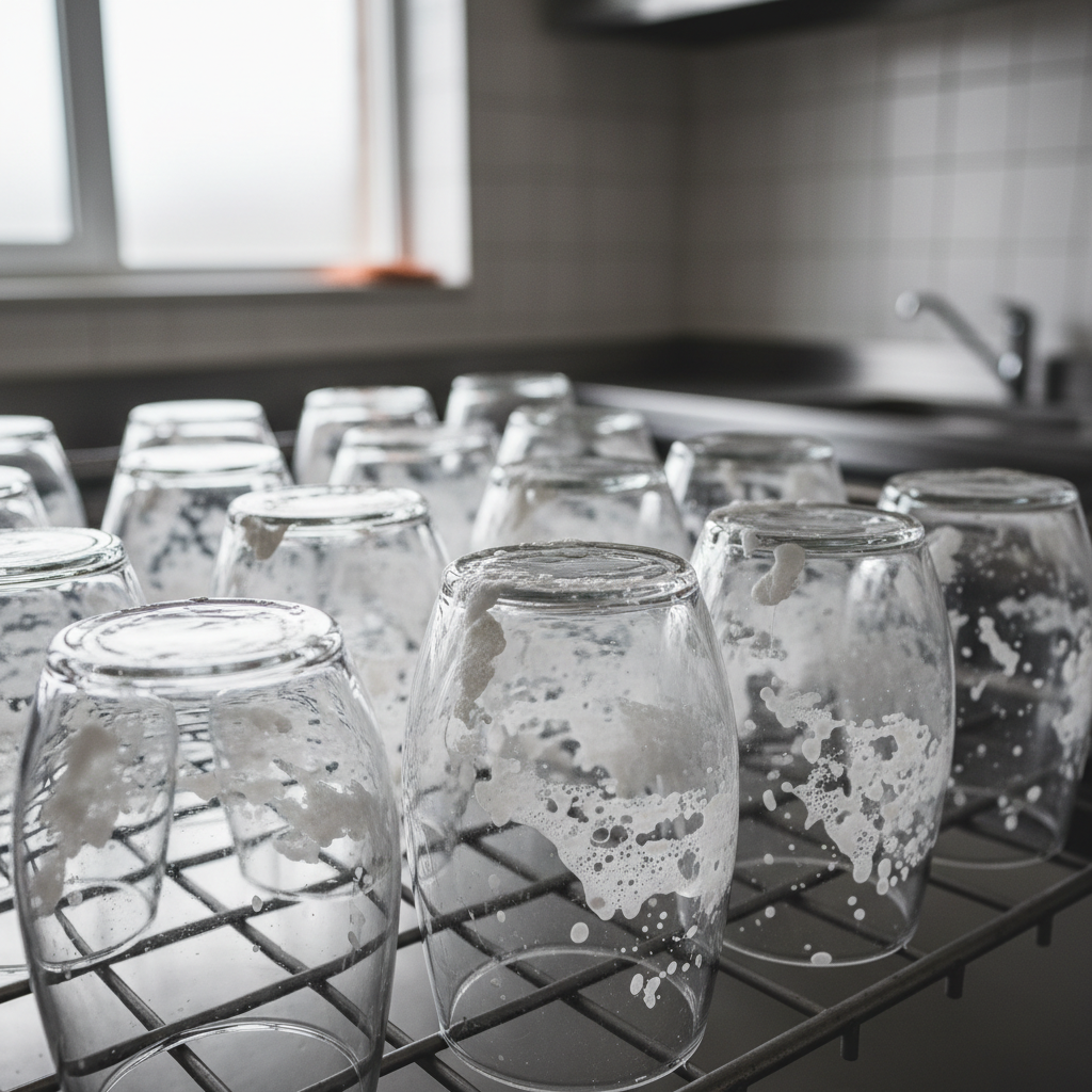 Rack of cloudy glasses with white calcium deposits and dried detergent residue still on them