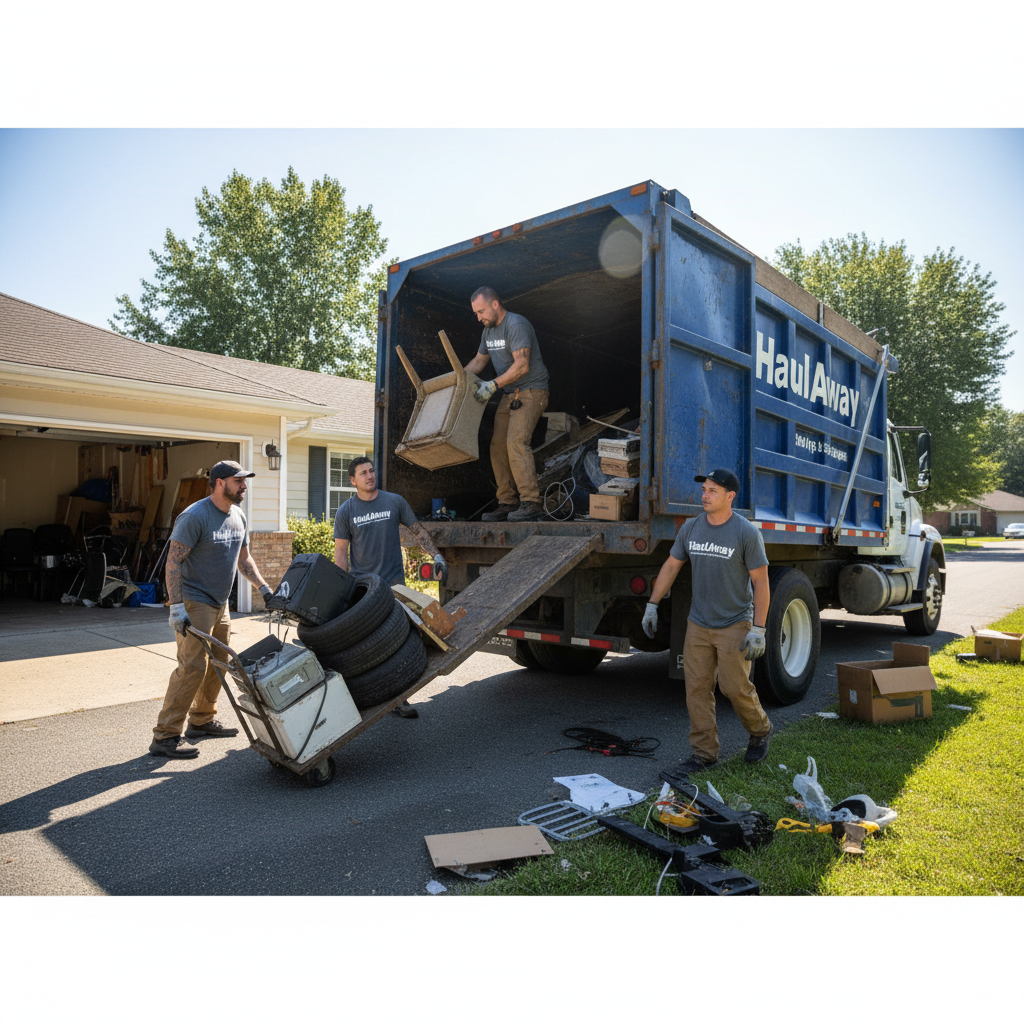 ClearOutCrew truck and workers loading junk from a Nashville residential property, overcast sky, debris piled high