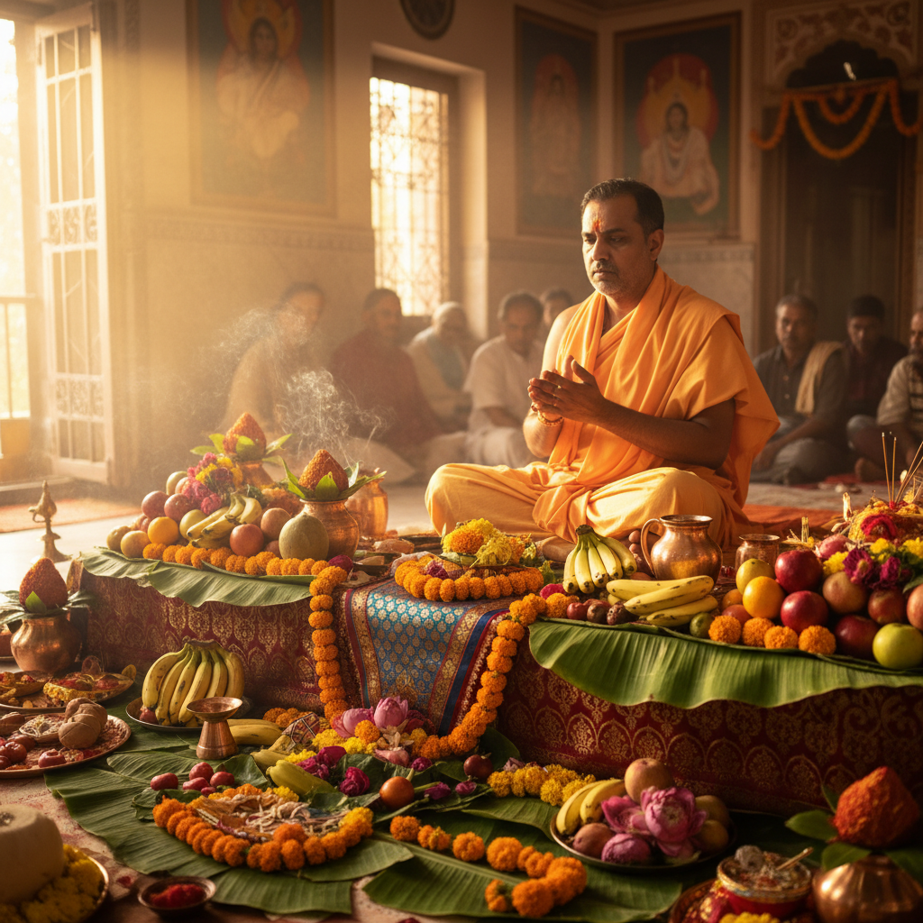 Satyanarayan puja setup with banana leaves, fruits, and sacred items arranged on a wooden platform