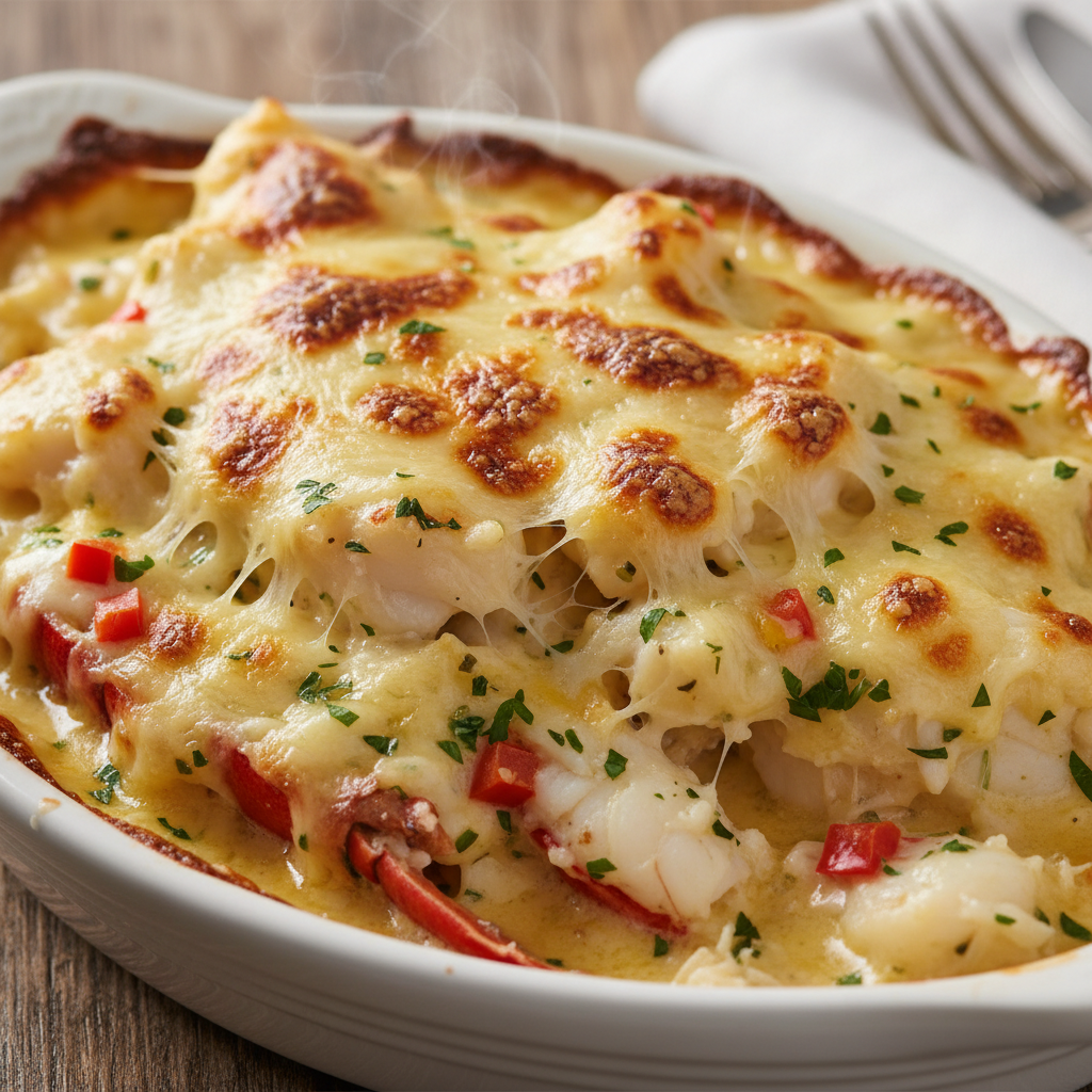 Whole Maine lobster thermidor with golden cheese crust and brandy cream sauce on white plate