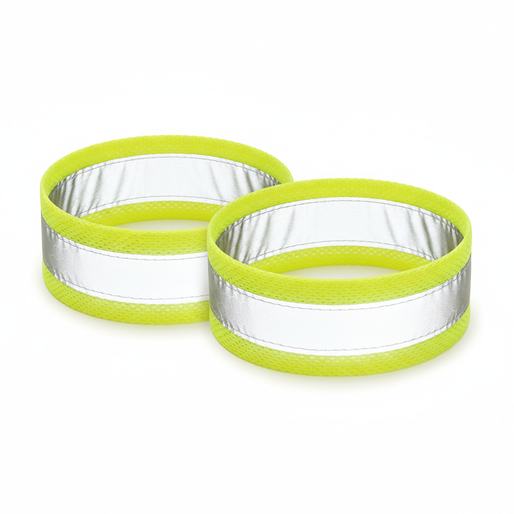 Stack of bright yellow and orange hi-vis t-shirts with silver reflective tape strips, bright studio lighting
