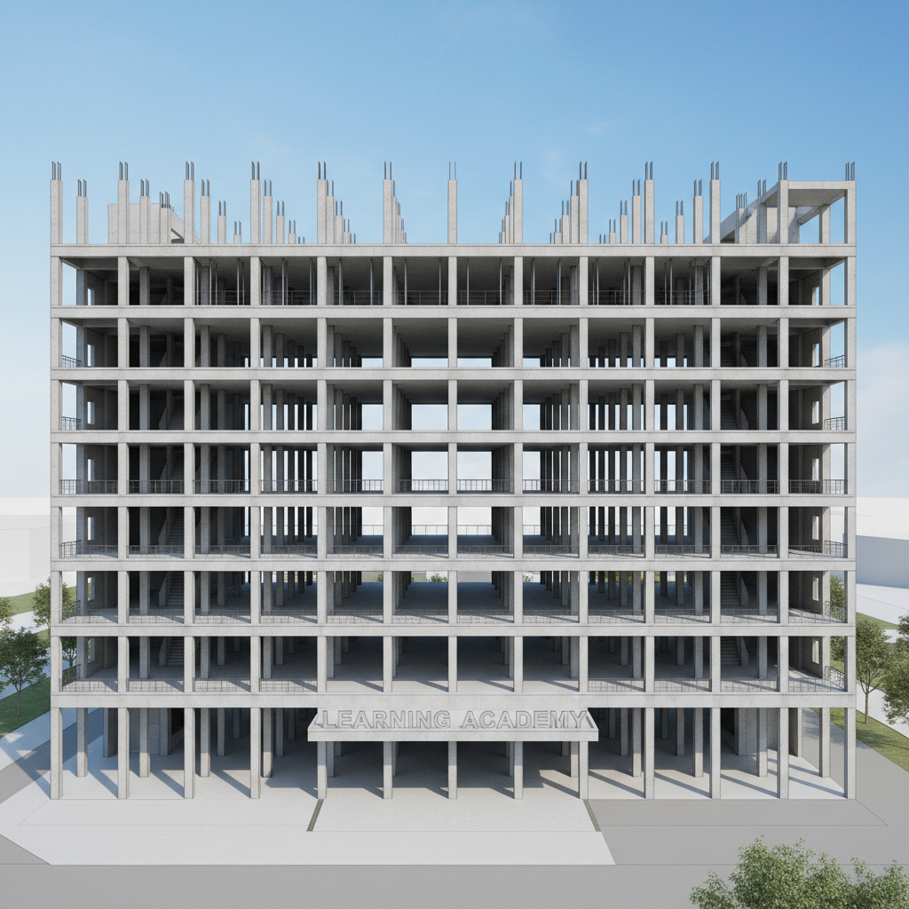 Large commercial building frame under construction with multiple floors of structural framing visible