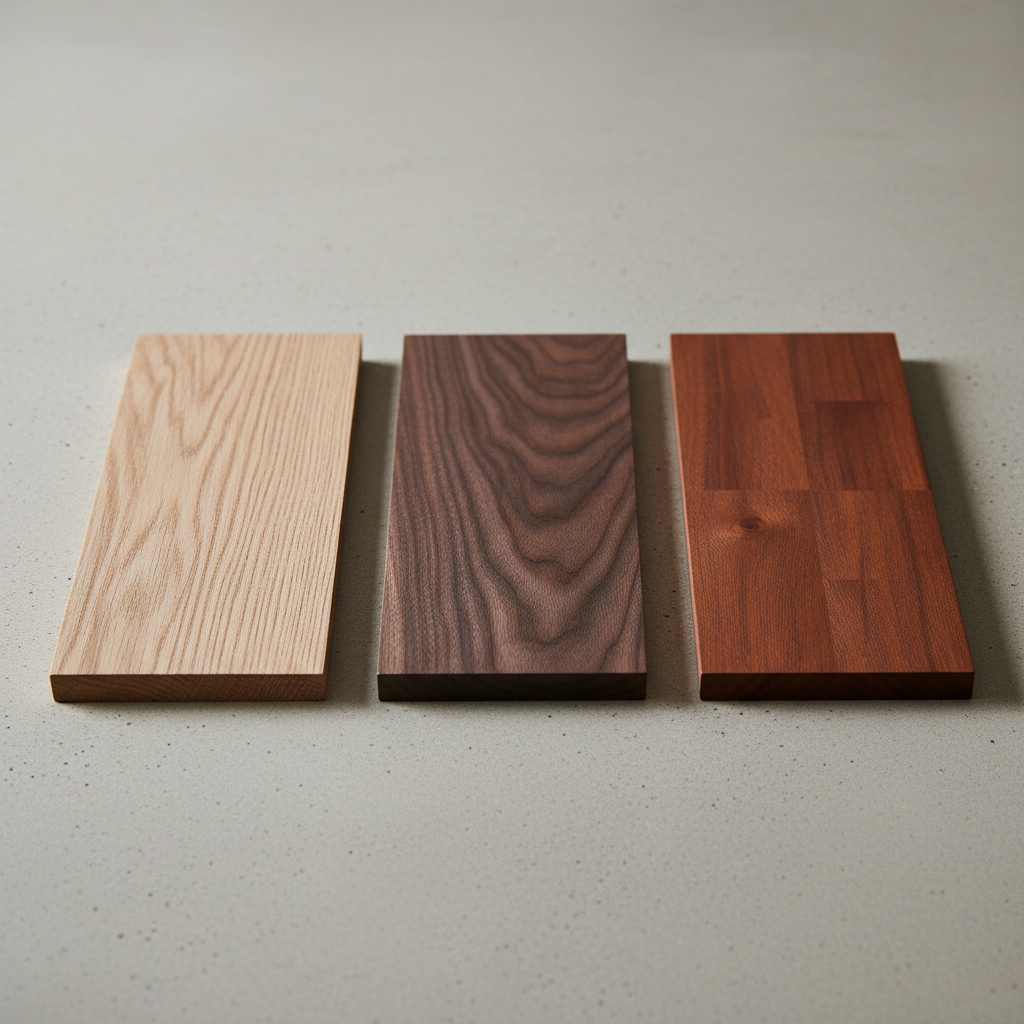 Premium wood material selection showing different hardwood samples including oak, walnut, and mahogany