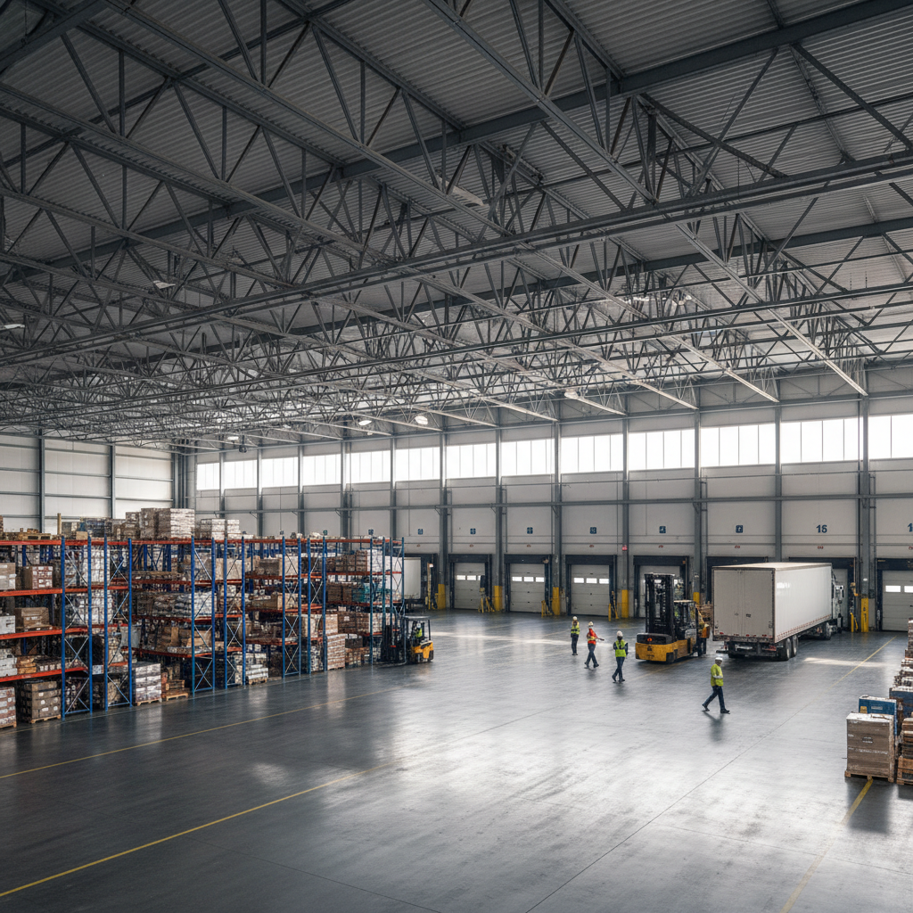Large modern distribution warehouse interior with organized shelving and loading equipment, dim industrial lighting, dark steel walls