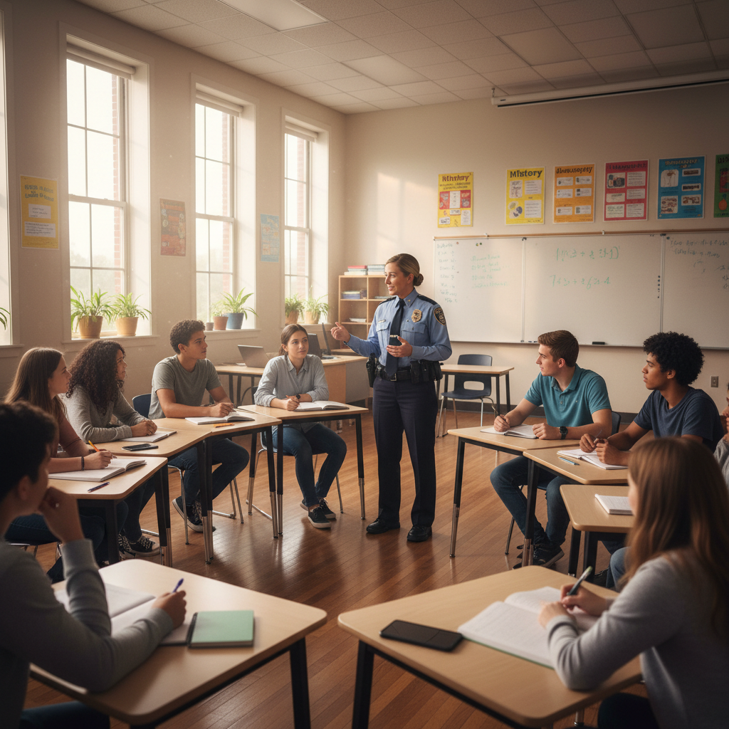 Officer speaking with students in a classroom setting, natural daylight