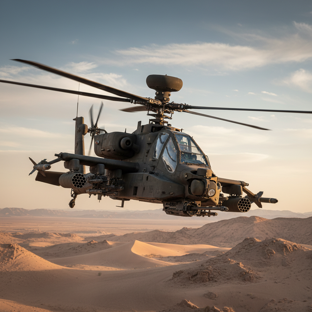 Military helicopter flying over desert sand dunes at sunset