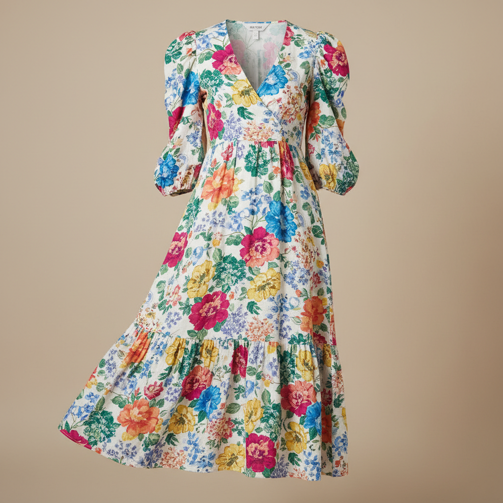 Beautiful floral midi dress on female mannequin in bright boutique with airy white walls