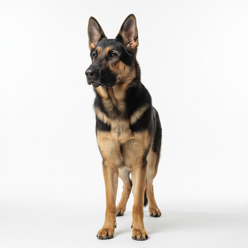 German Shepherd after full grooming session, coat gleaming, standing alert against white backdrop