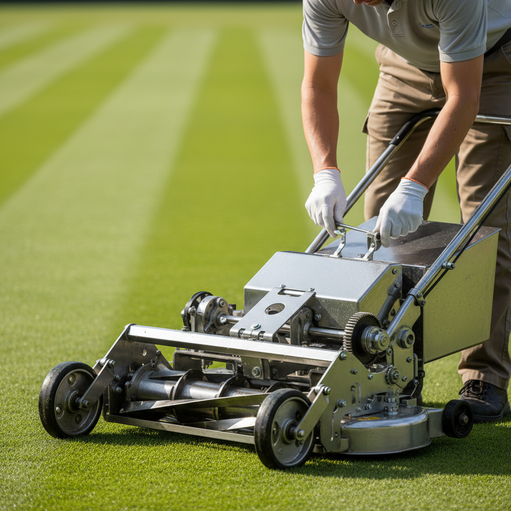 Groundskeeper in white gloves adjusting a precision reel mower, blurred lawn striped like Centre Court behind him