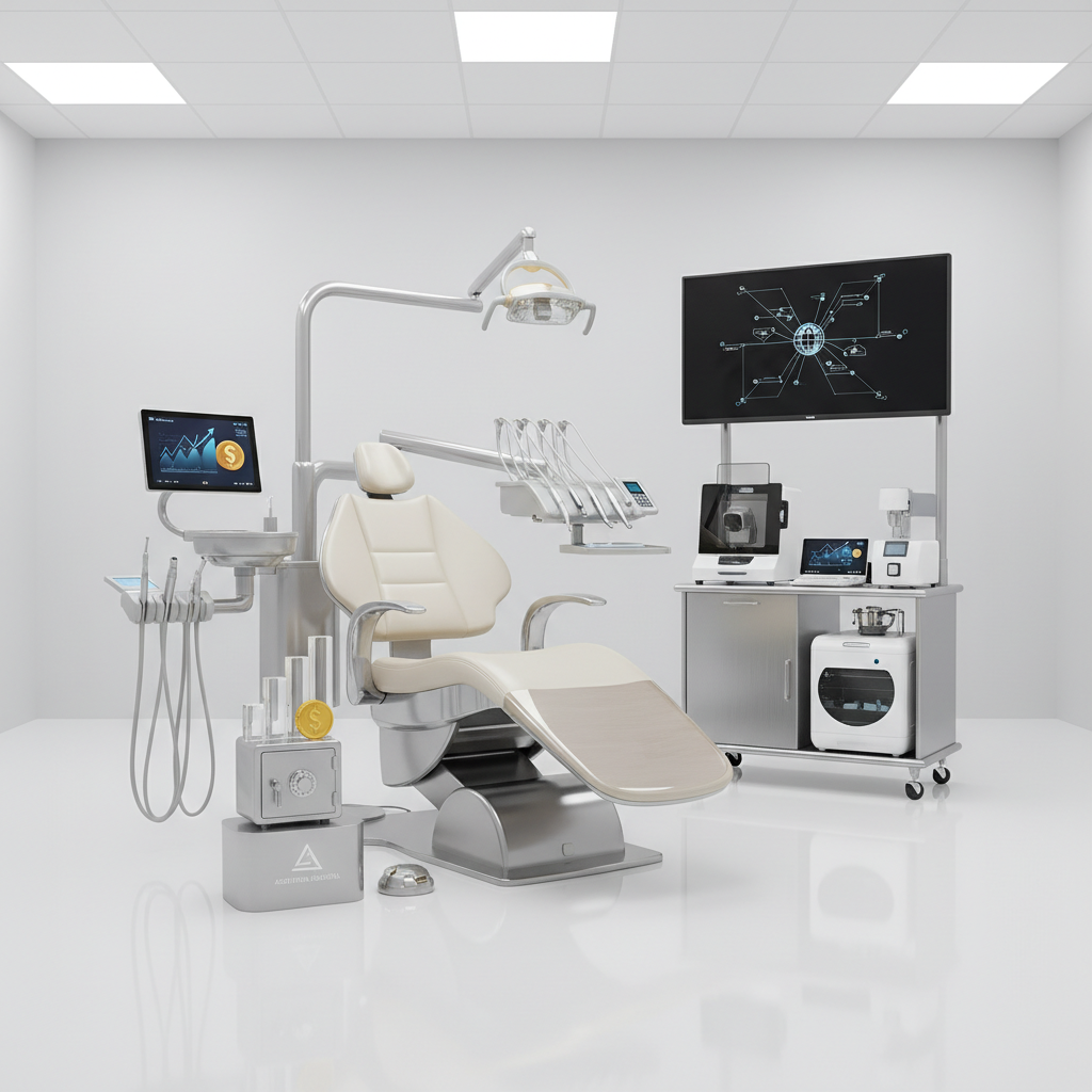 Modern dental practice management office with multiple screens showing data dashboards
