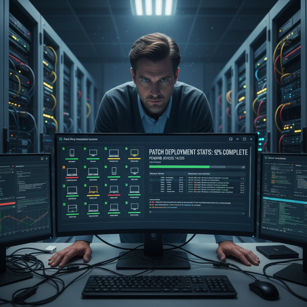 IT administrator reviewing patch deployment status across multiple endpoint devices on a management dashboard