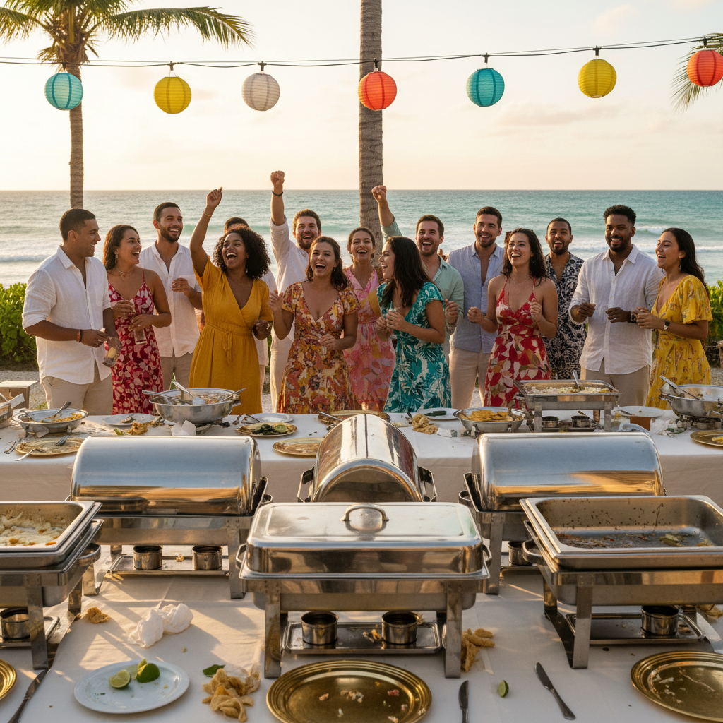 Empty catering trays and happy guests at golden hour, event winding down after a successful Caribbean feast