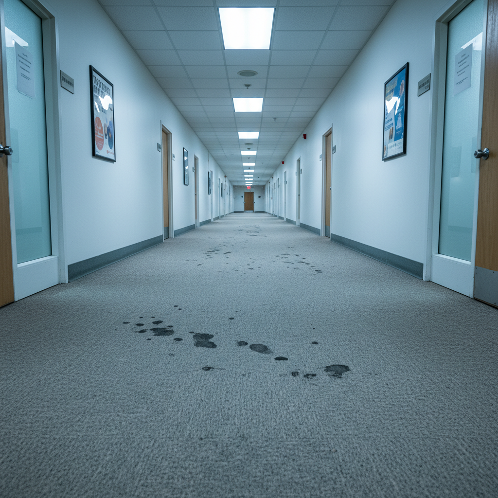 Hospital corridor with dim overhead lighting, dark clinical walls, low-key institutional atmosphere