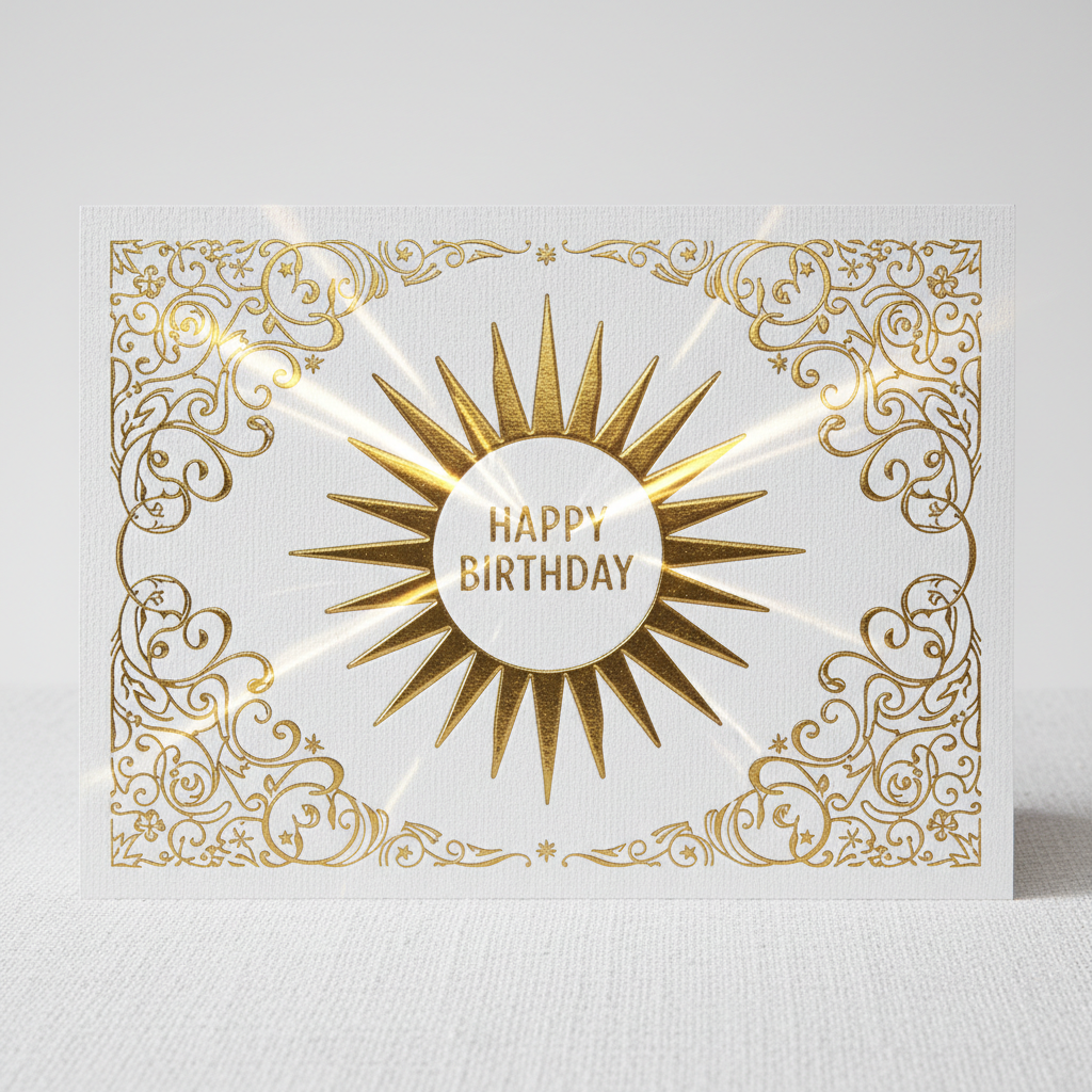 Gold foil sunburst birthday greeting card with metallic embossing on white linen stock