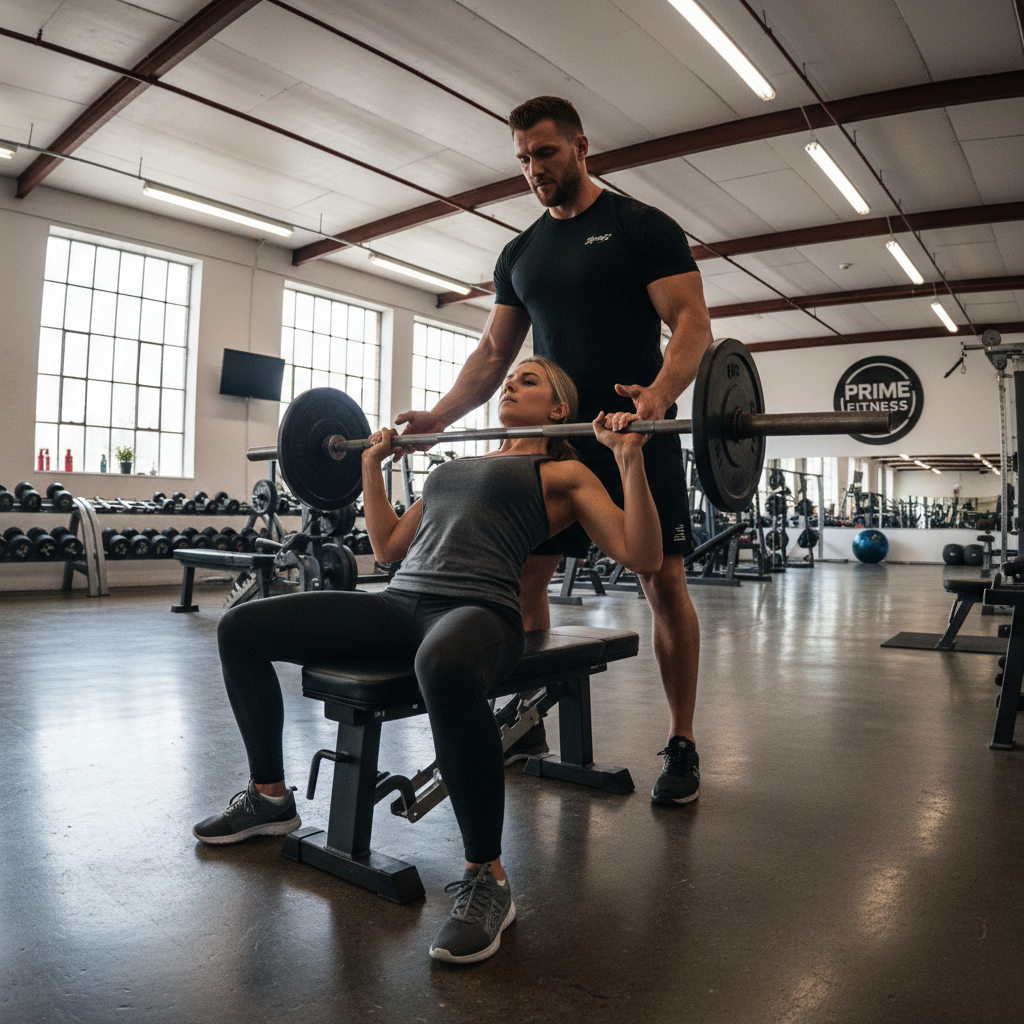 Trainer spotting athlete on bench press in well-lit performance facility