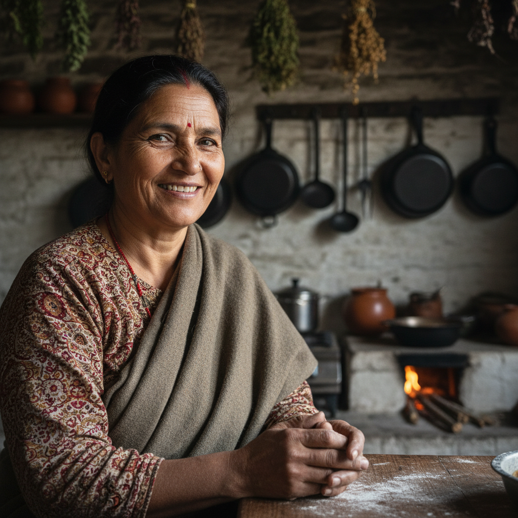 Portrait of Meena Bisht, Kumaoni cook, warm smile, kitchen background with iron utensils
