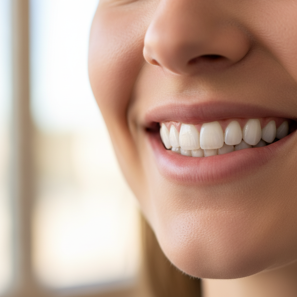 Close up of beautiful natural looking porcelain veneers