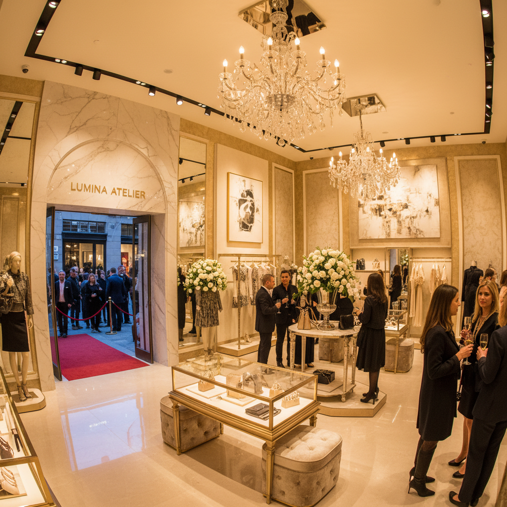 Luxury retail store with warm theatrical lighting on opening night