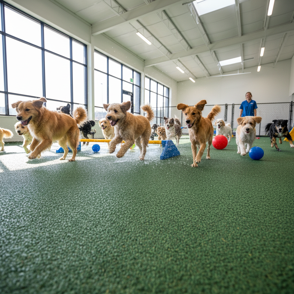 Dogs running and playing on rubberized turf at Pack daycare facility in Denver