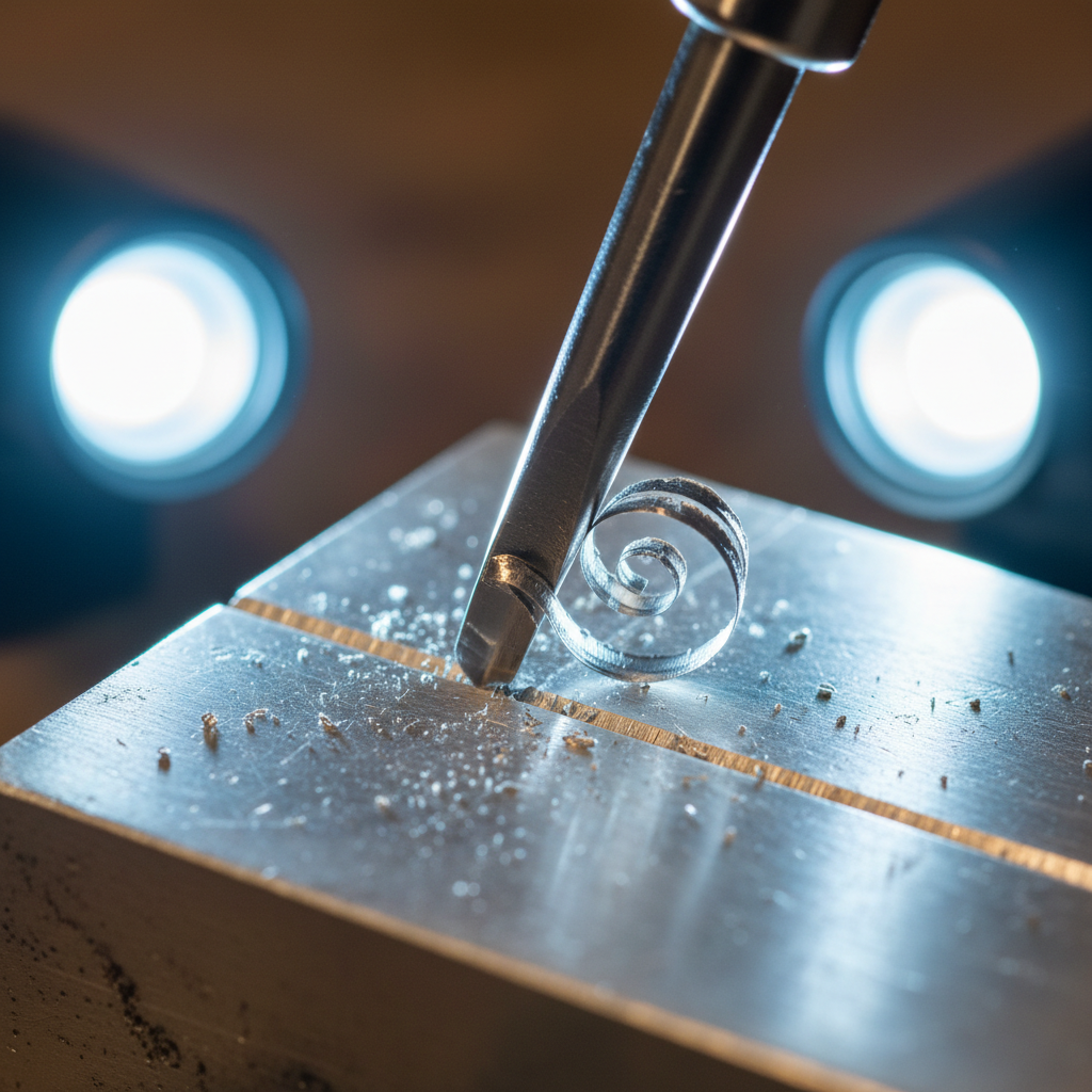 Extreme macro close-up of graver cutting into sterling silver, showing tool marks and metal displacement