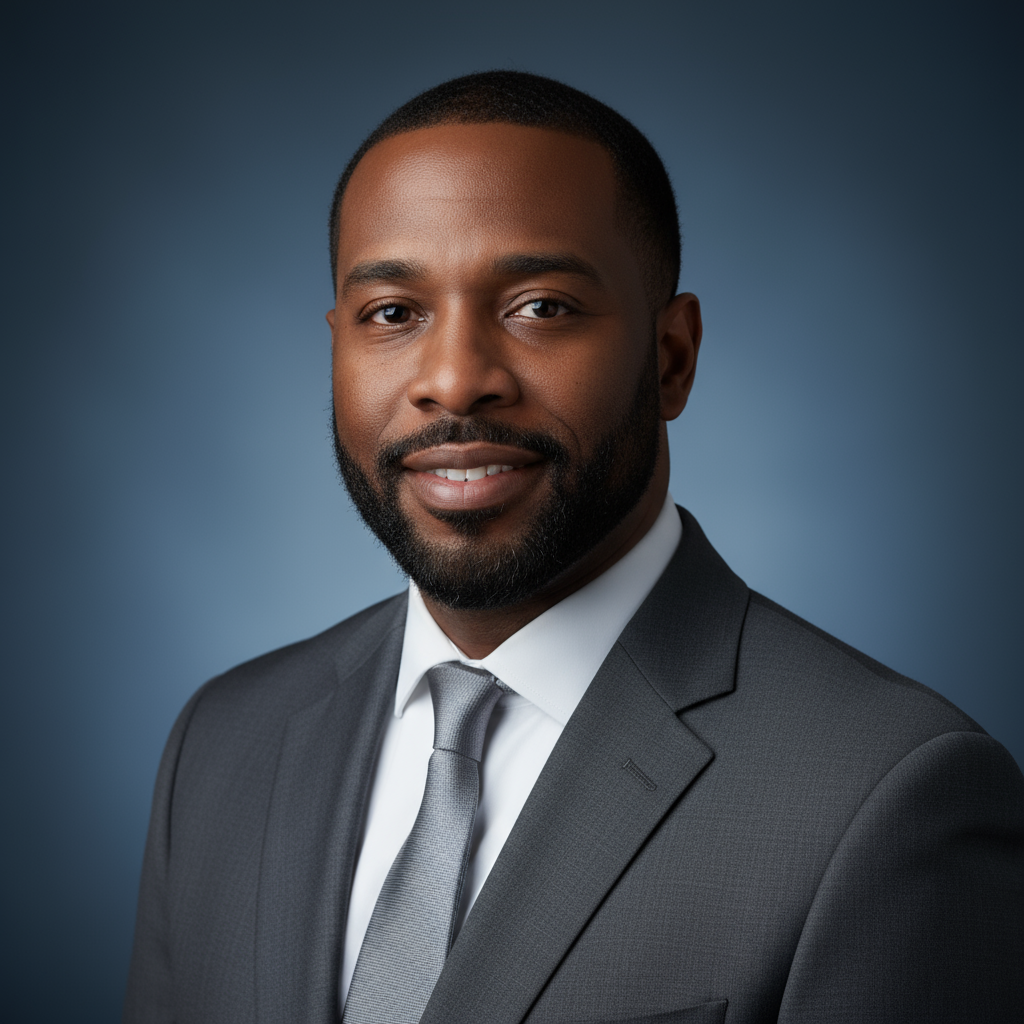 Professional African man in dark suit with confident expression in modern office setting