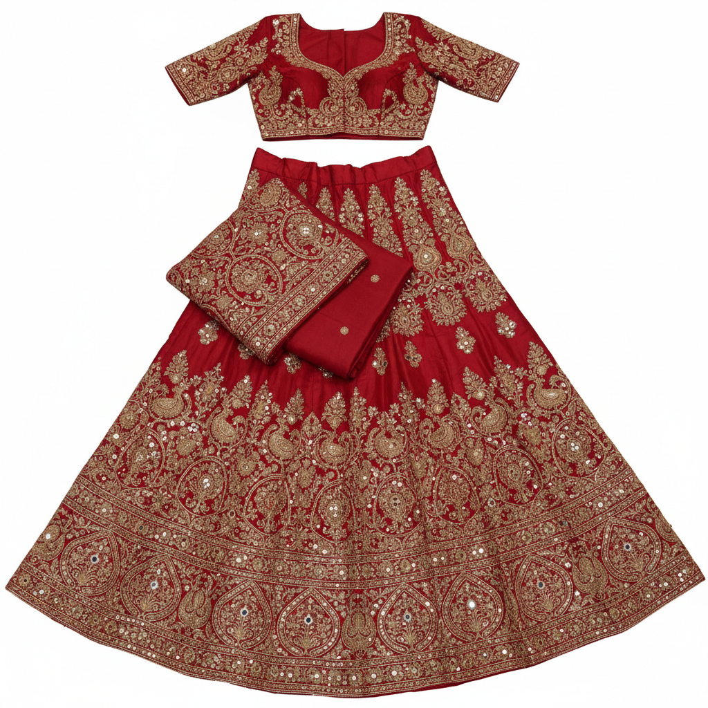 Bridal embroidered lehenga choli set in deep burgundy with gold work on dark background