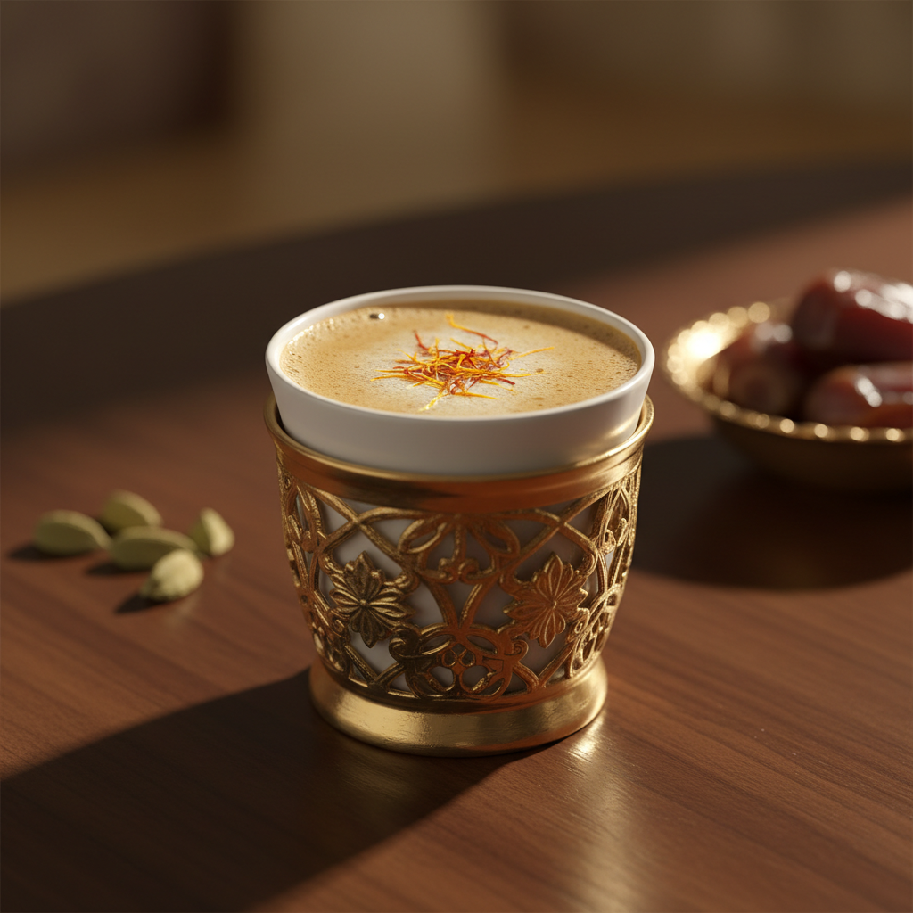 Traditional Arabic qahwa coffee in a small cup with cardamom pods and dates on the side