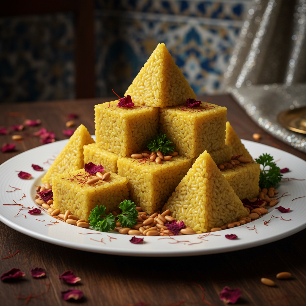 Elaborate plating of saffron rice molded into geometric shapes, garnished with rose petals and pine nuts