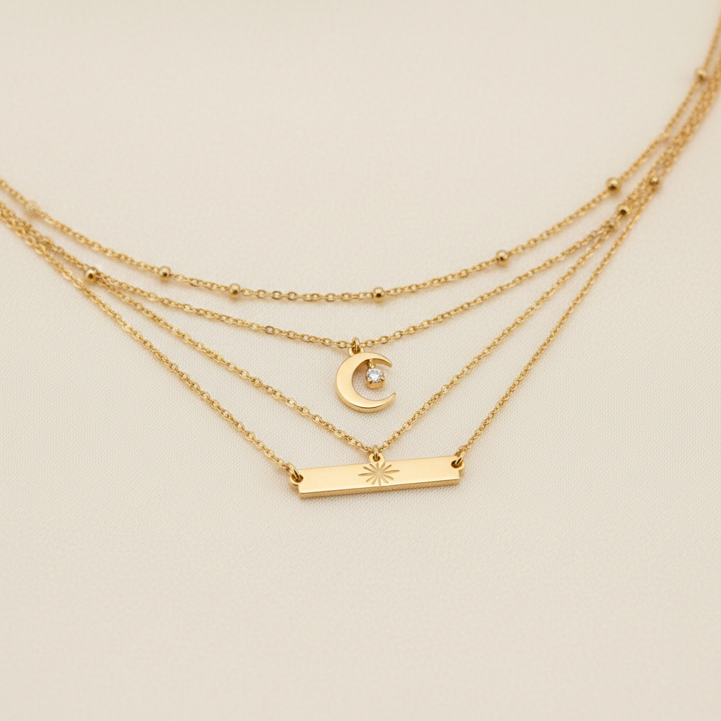 Delicate gold waterfall chain necklace on cream background in bright studio lighting