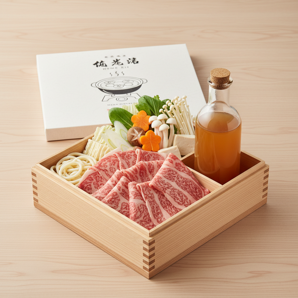 Nabe home kit: wagyu slices, broth, and seasonal vegetables in cedar packaging